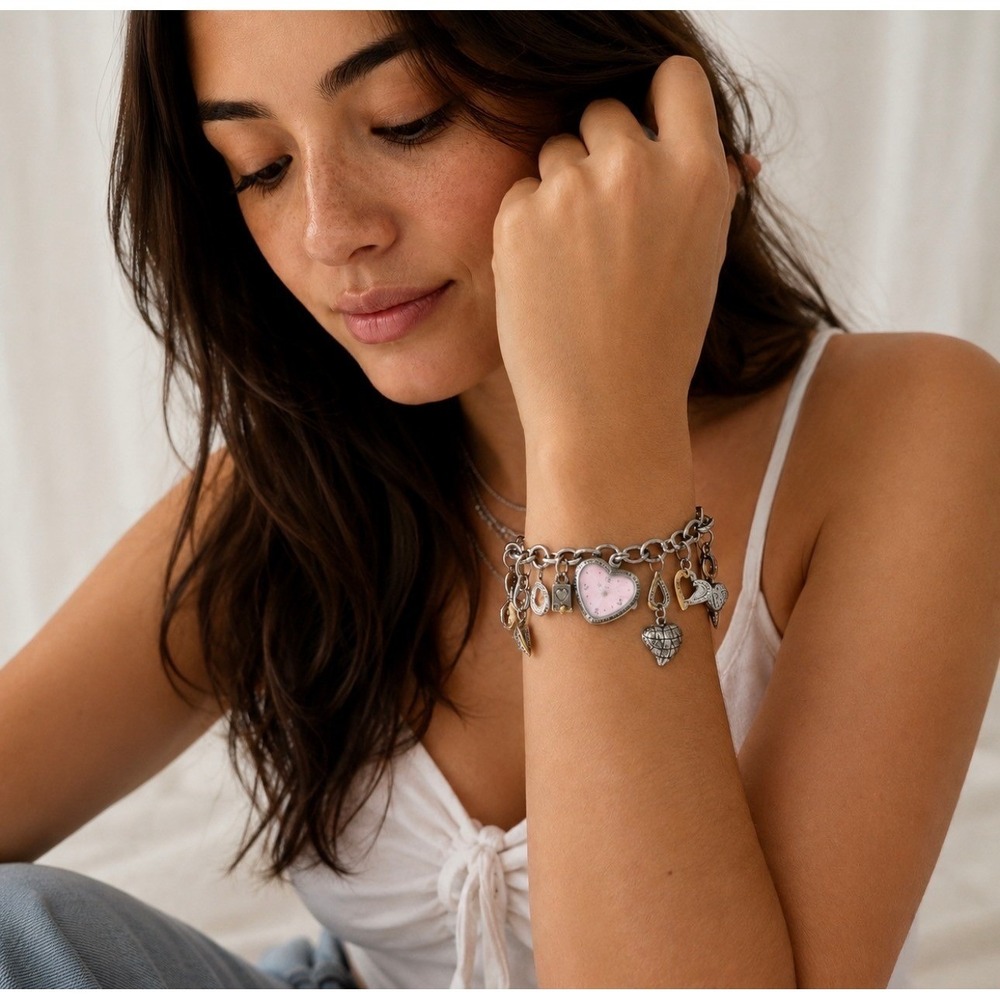 Brighton Charm Bracelet Watch OS Womens Silver Pink Excellent 'Power of Pink'